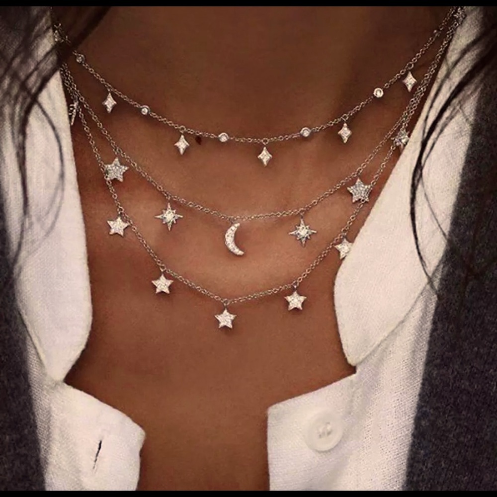 Gorgeous New Bohemian Multi-Layer Moon Star Necklace Gold Color Adjust Length